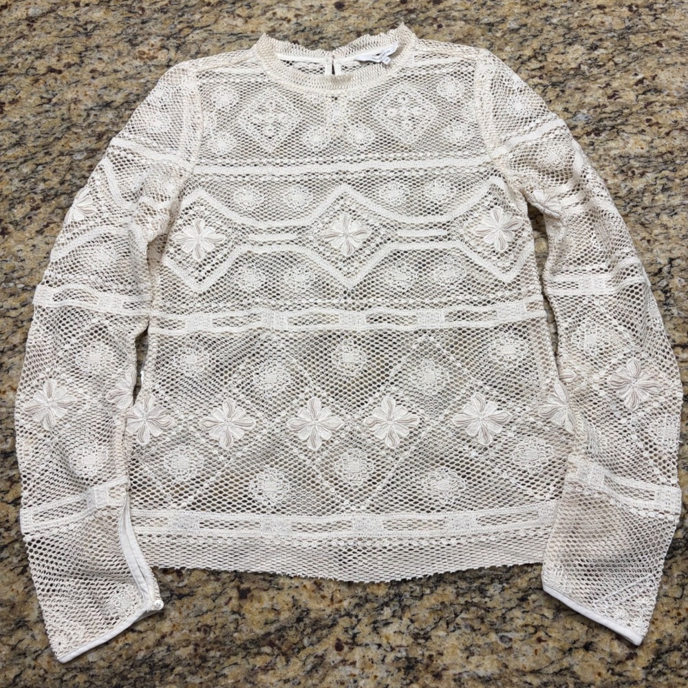 Rebecca Taylor Women 14 Cream Crochet Lace Long Sleeve Blouse Zipper Cuff Top ws
